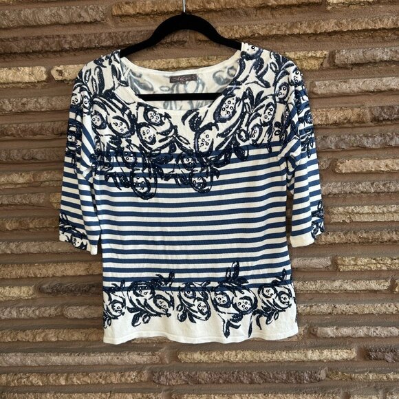 Metric Blue Striped Scroll Floral Sweater Size Large - Picture 9 of 9
